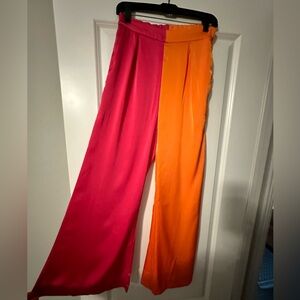 Color block silk pant, orange & pink. Small
